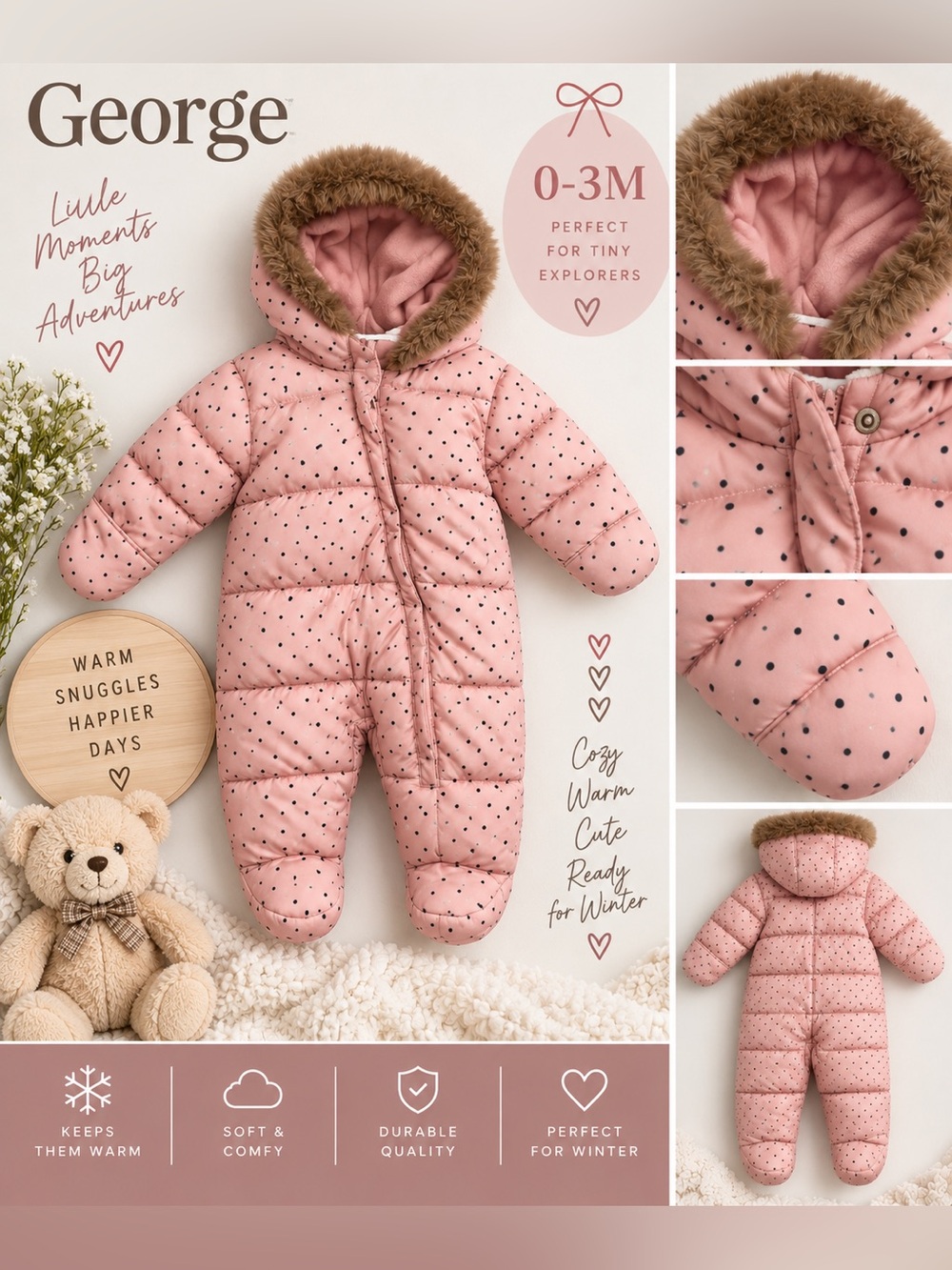 George Baby Girls 0-3M Pink Polka Dot Puffer Snowsuit Faux Fur Hood